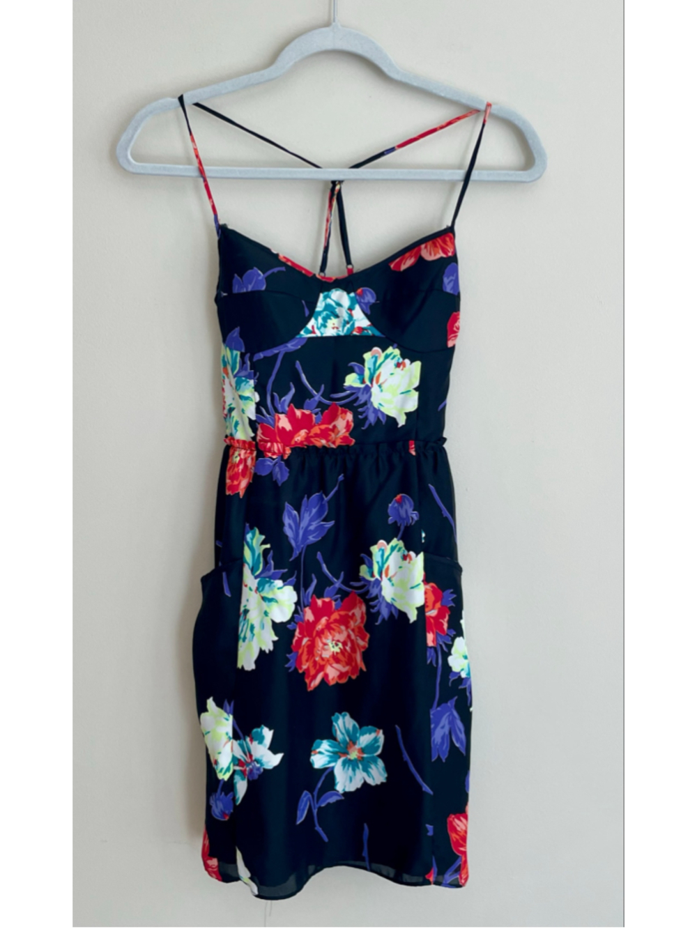 American Eagle Small Black Floral Smocked Cutout Sundress Pockets